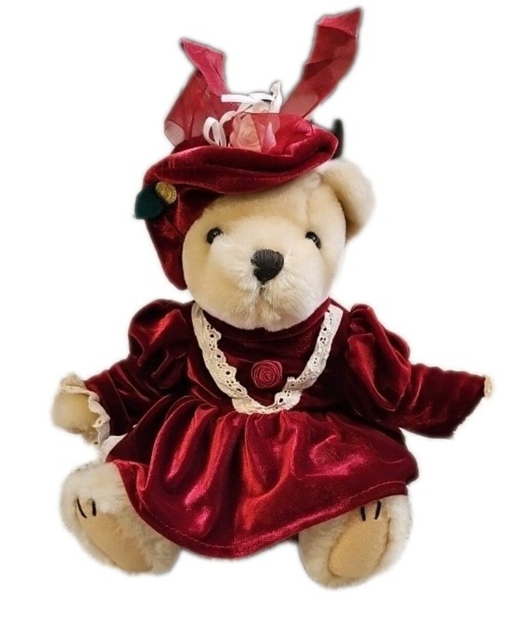 Pickford Teddy Bear Pearl Plush Stuffed Animal Red Velvet Dress 12" Brass Button